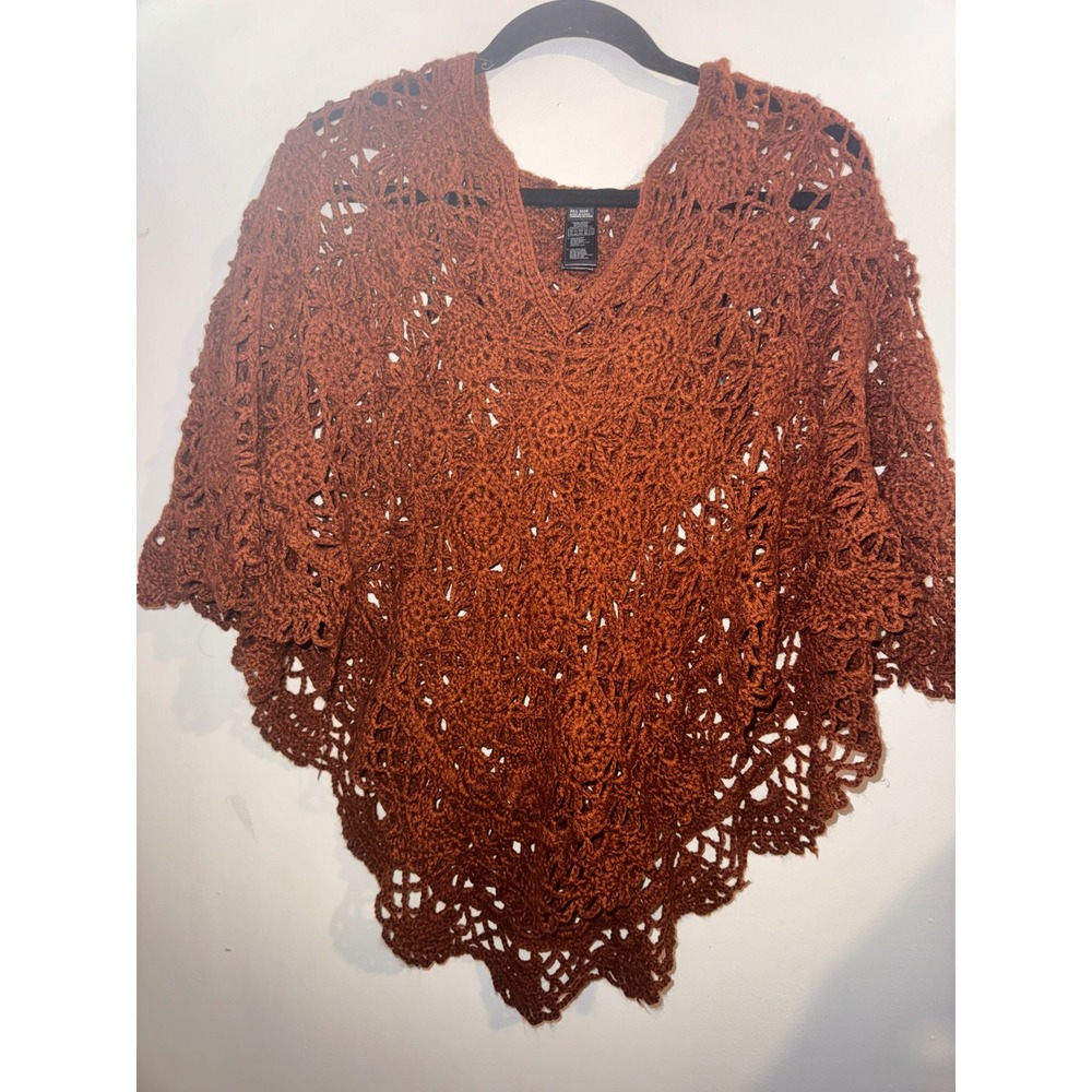 Forever 21 Rust Brown Crochet Knit Hooded Poncho Boho Floral Scalloped OS